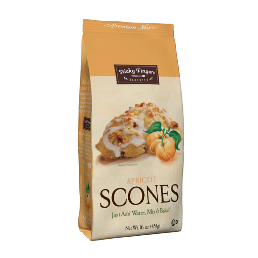 Bag of Sticky Fingers Apricot Scones mix on a white background