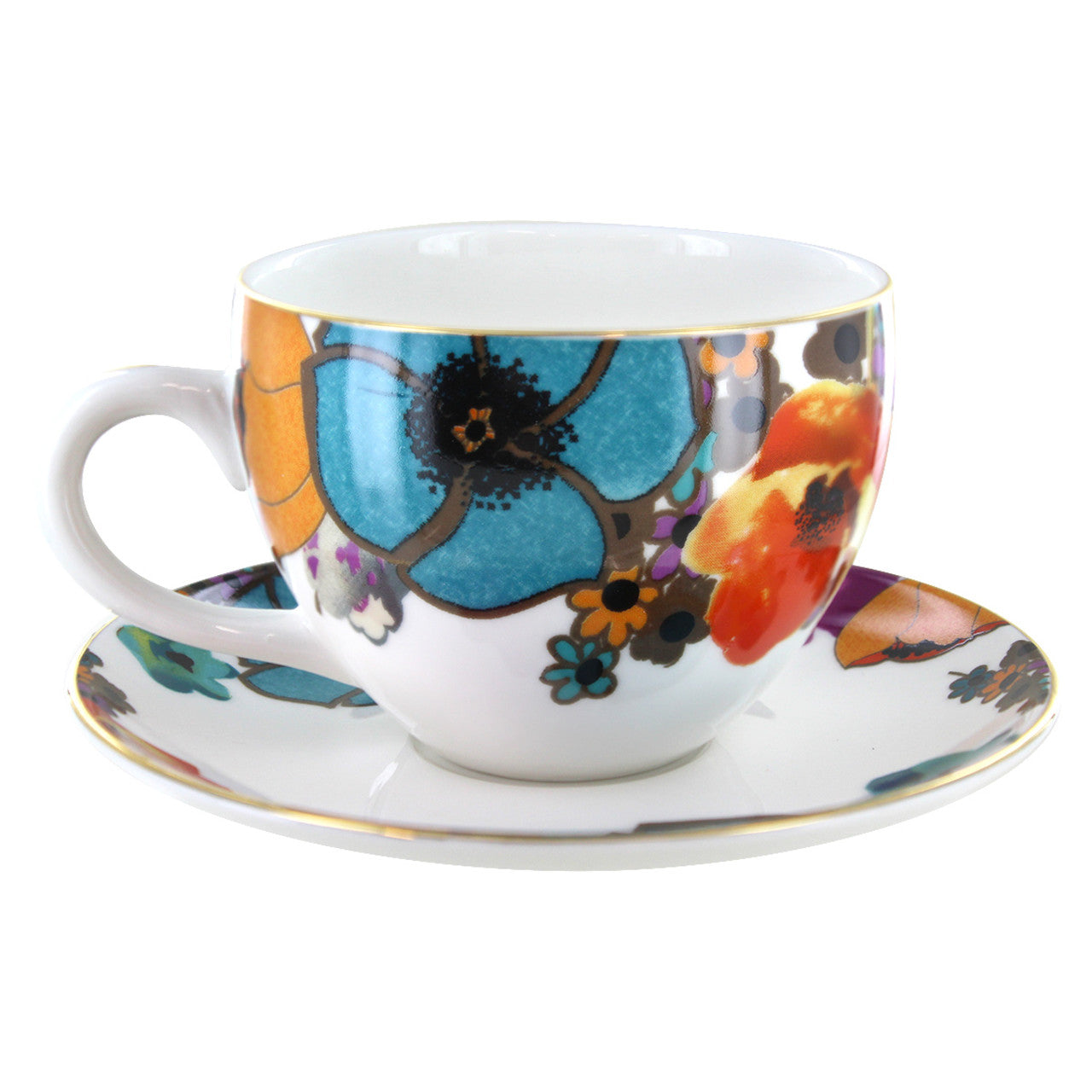 Multi Poppy Tea Cups & Saucers - Set of 4