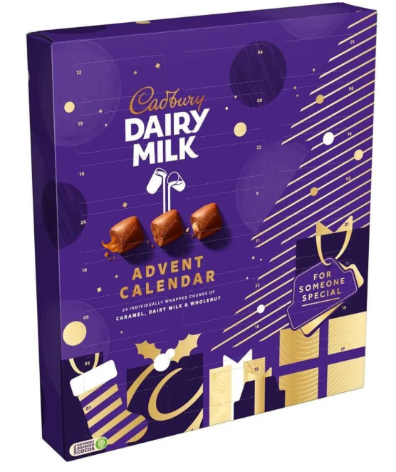Cadbury Dairy Milk Advent Calendar packaging with gold illustrations on a purple background with angle view