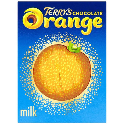 Terry's Chocolate Orange packaging with a chocolate orange on a blue background