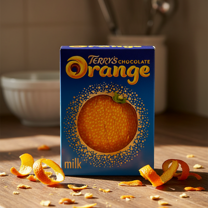 Terry's Chocolate Orange packaging with a chocolate orange on counter with orange peels.