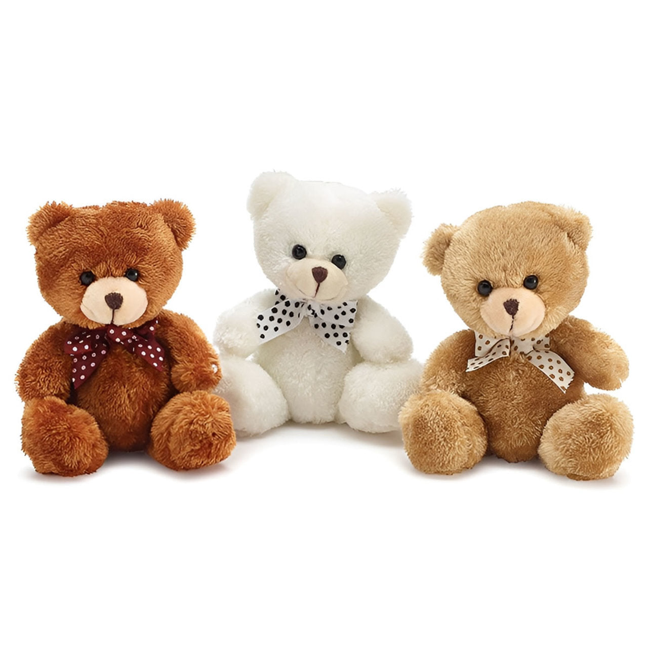 Three teddy bears in brown, white, and beige with bow ties on a white background