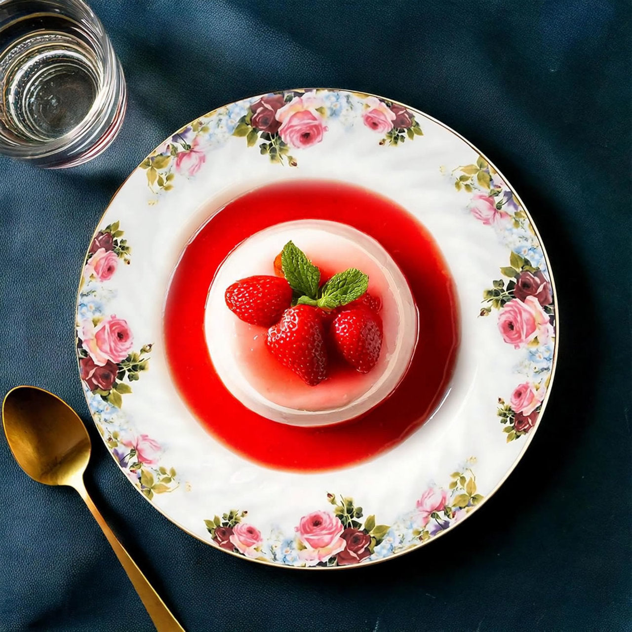 Dessert with strawberries and red sauce on a decorative plate with floral patterns, accompanied by a glass of water and a spoon.