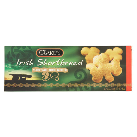 Clare's Irish Shortbread packaging with a green background and cookies on it.