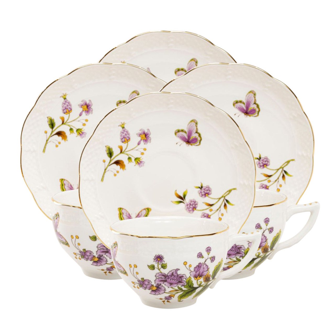Purple Butterfly Porcelain - Teacup and Saucer Set of 4