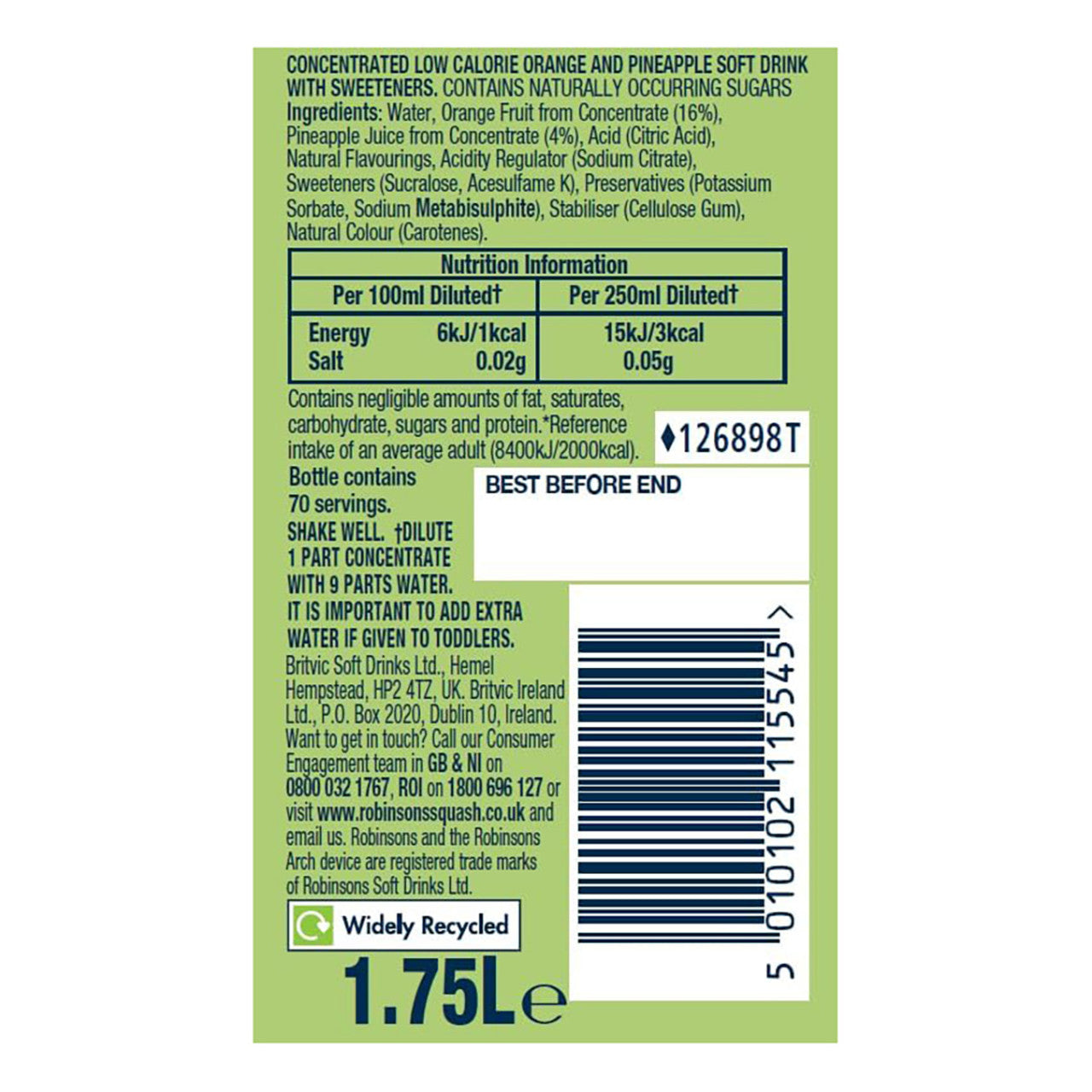 Robinsons - Double Strength No Sugar Added Orange & Pineapple Fruit Squash - 59.17 fl. oz (1.75L)