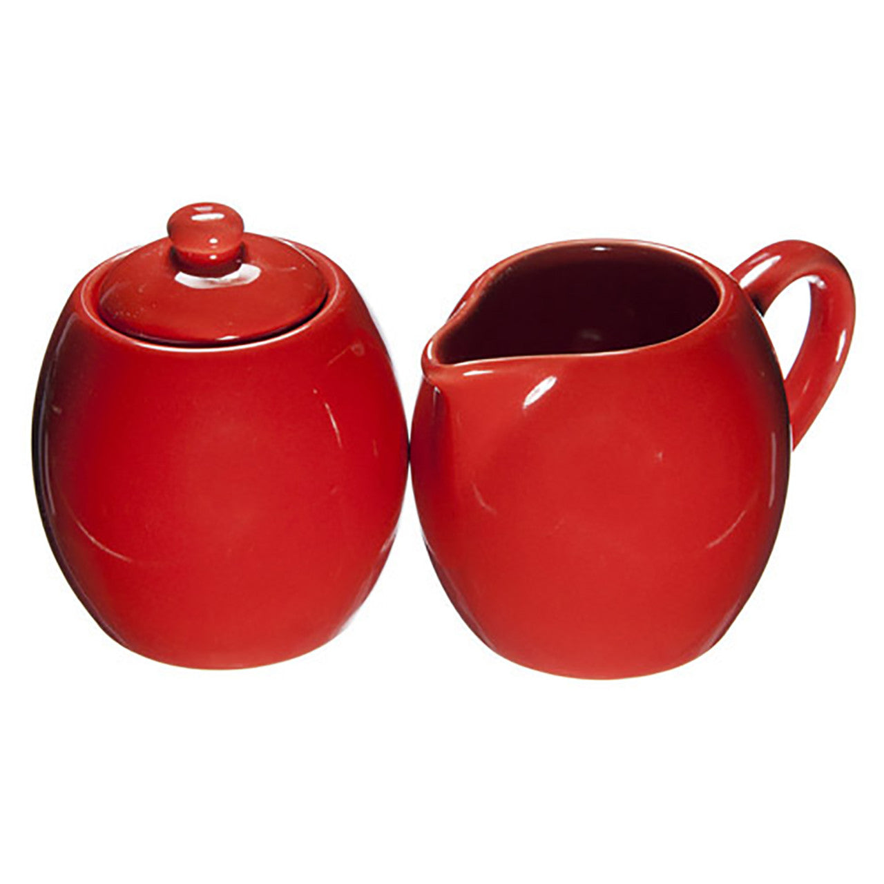 Red ceramic sugar and cream tea set on a white background