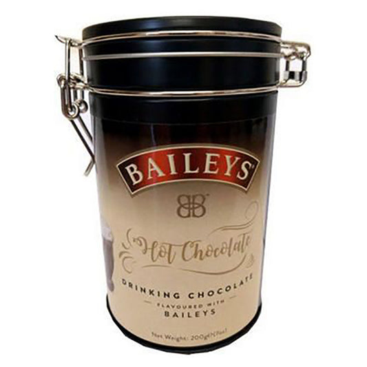 Baileys Hot Chocolate packaging in a black bucket on a white background