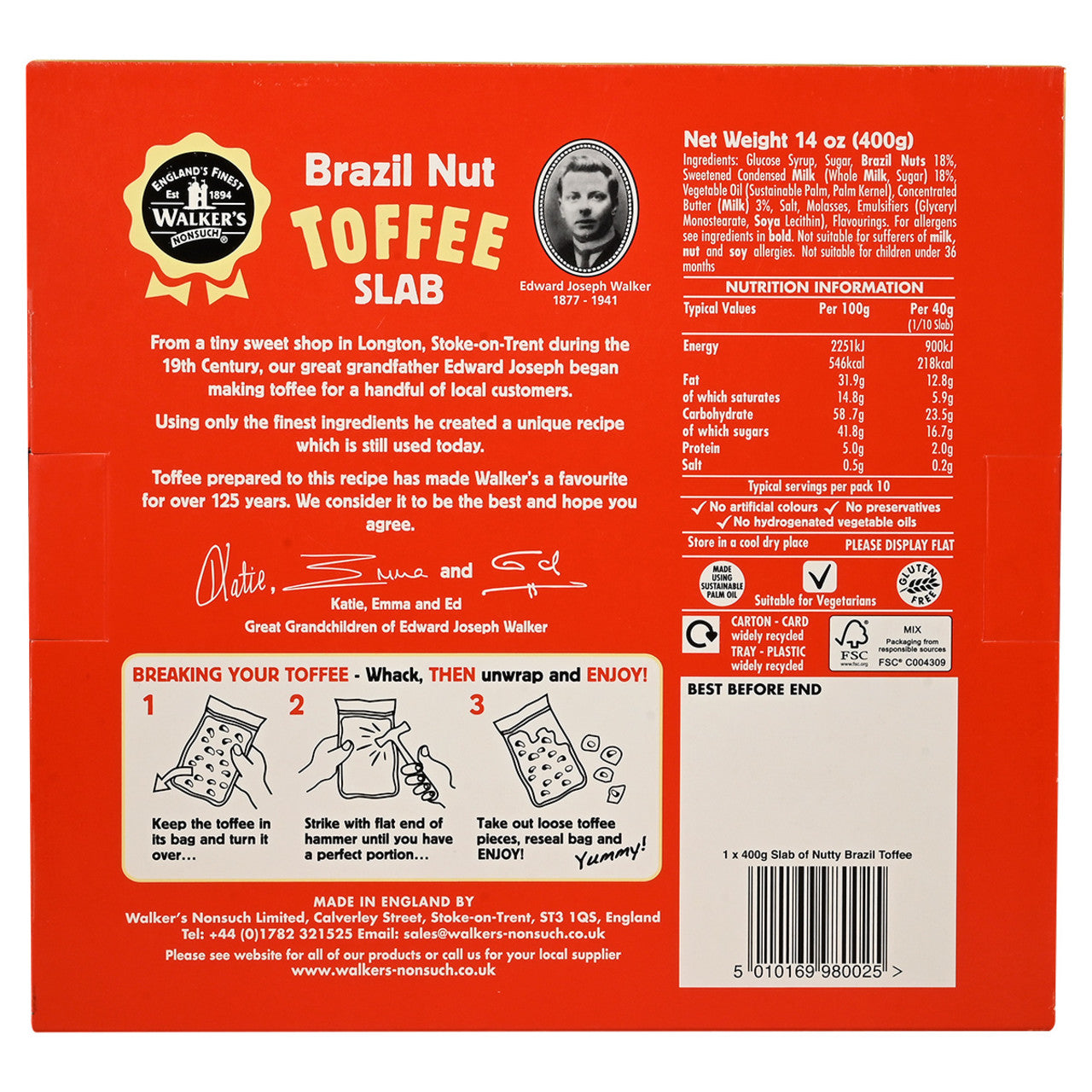 Walkers Nonsuch Brazil Nut Toffee Slab Hammer Pack - 14oz (400g)