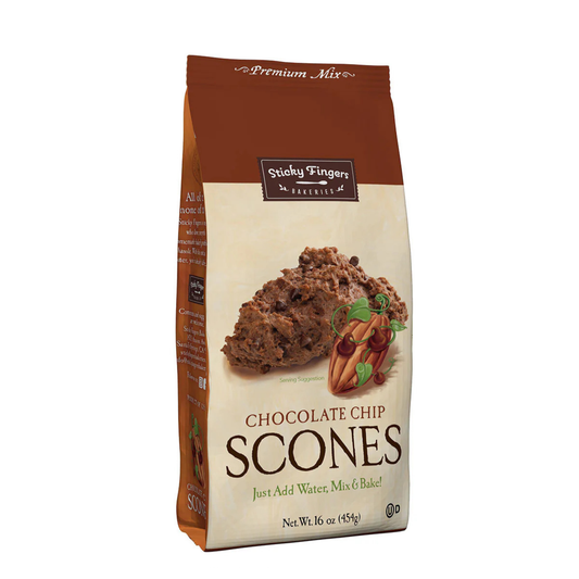 Bag of Sticky Fingers Bakers Chocolate Chip Scones mix on a white background