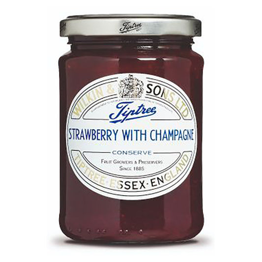 Jar of Tiptree Strawberry with Champagne Conserve on a white background