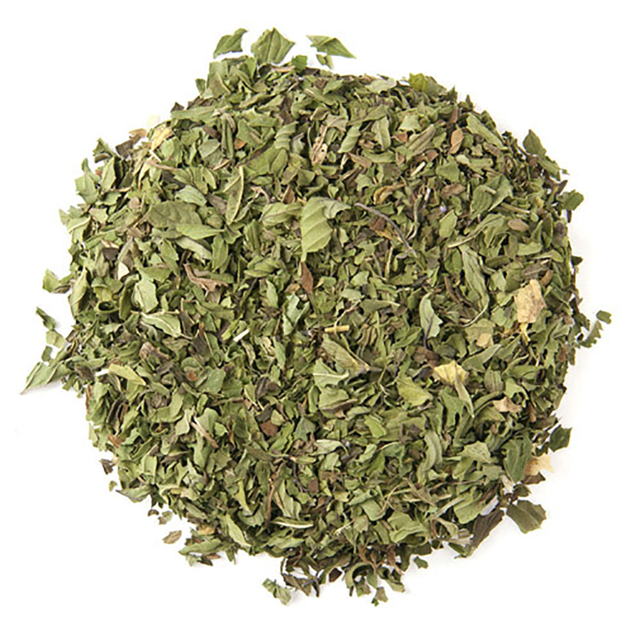 Dry green tea leaves a white background