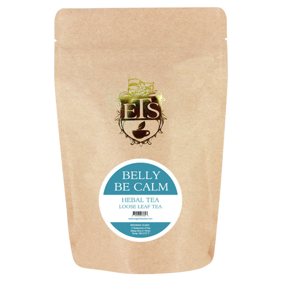 Kraft paper packaging of 'Belly Be Calm' herbal tea with a visible ETS brand logo on a white background.