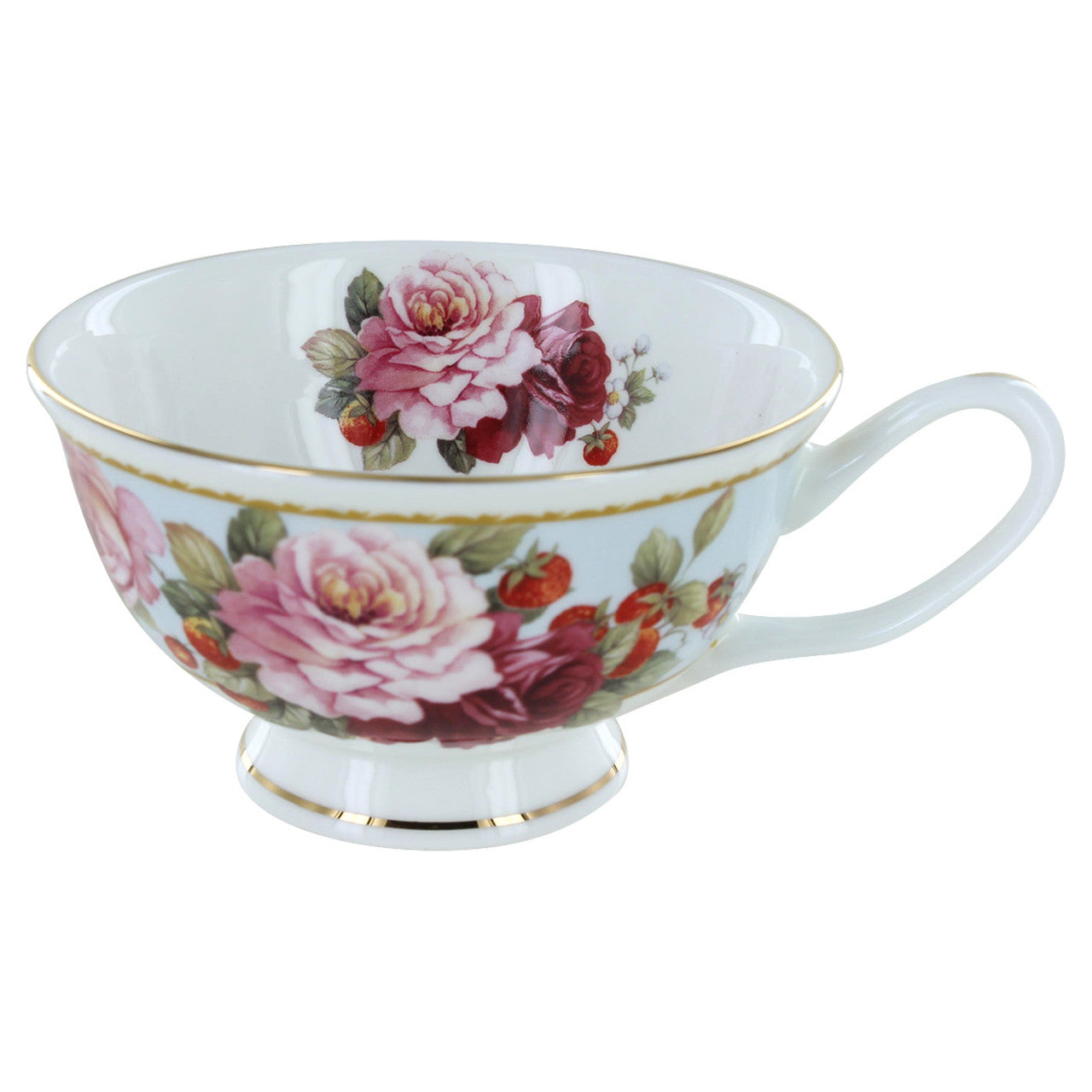 Peony and Strawberry Blue Bone China - Tea Cup and Saucer Set of 4