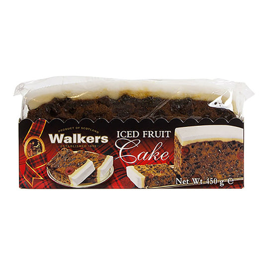 Packaged Walkers Iced Fruit Cake showing the cake and its ingredients like sultanas, currants, and cherries, with a Christmas theme.