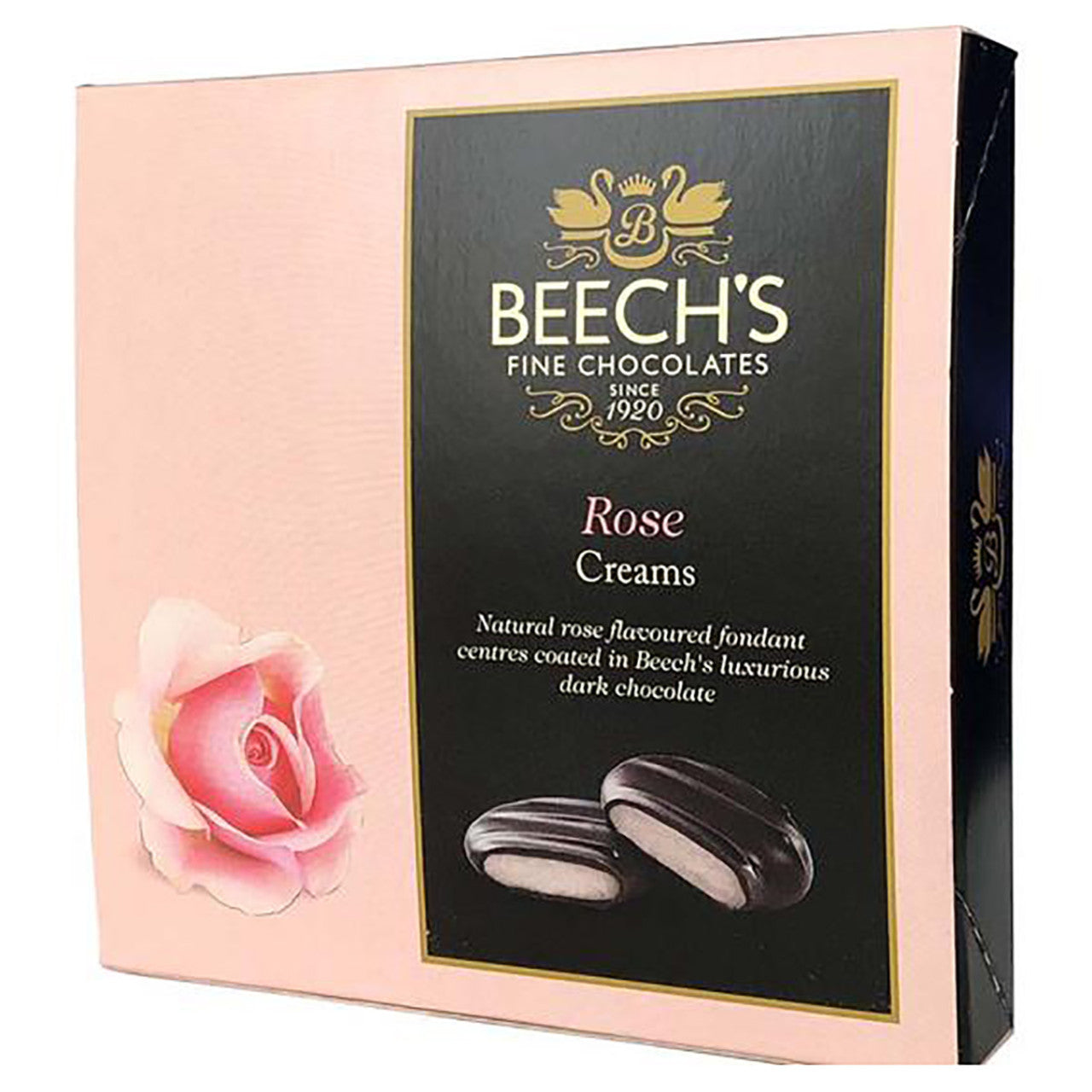 Beech's Fine Chocolates Rose Creams packaging with a pink border and rose illustration.