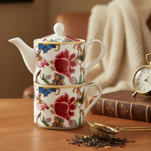 Teapot with loose tea and a book and clock.
