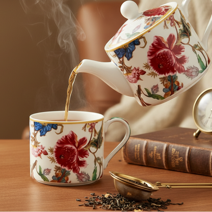 Teapot pouring tea with loose tea and a book and clock.