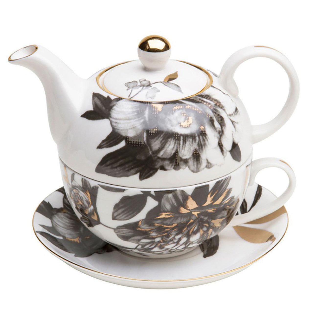 Black Gold Peony 4 Piece Tea for One Set