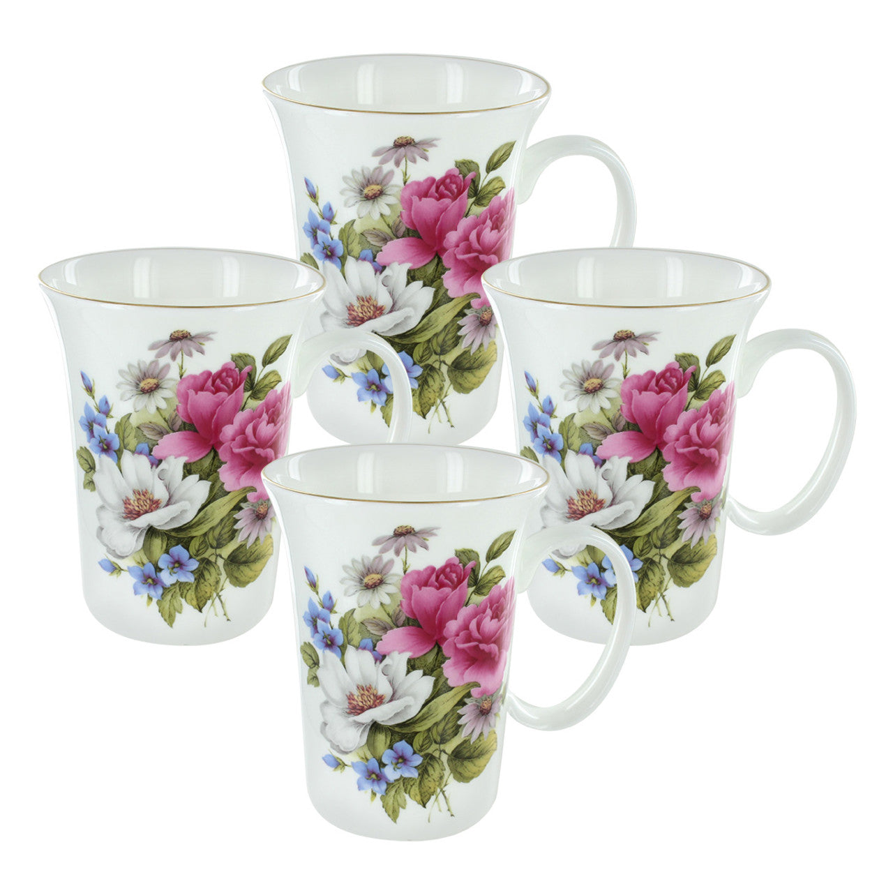 Set of four floral mugs on a white background