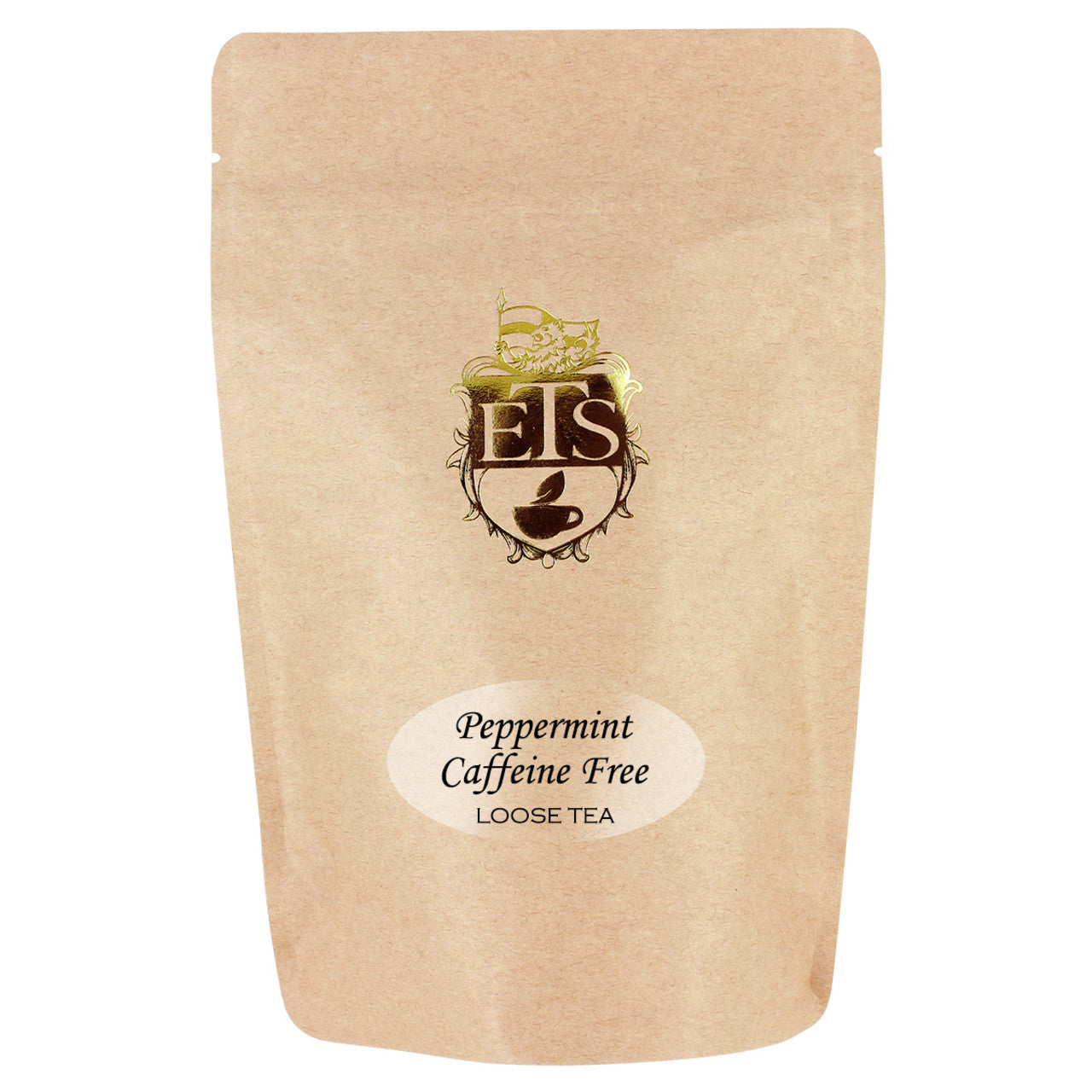 Kraft paper tea bag with 'ETS' logo and peppermint caffeine-free loose tea label on the paper.  The bag is on a white background.