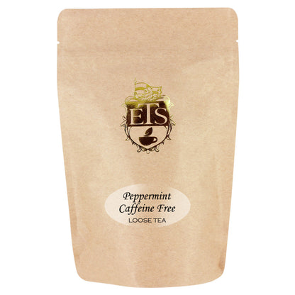Kraft paper tea bag with 'ETS' logo and peppermint caffeine-free loose tea label on the paper.  The bag is on a white background.