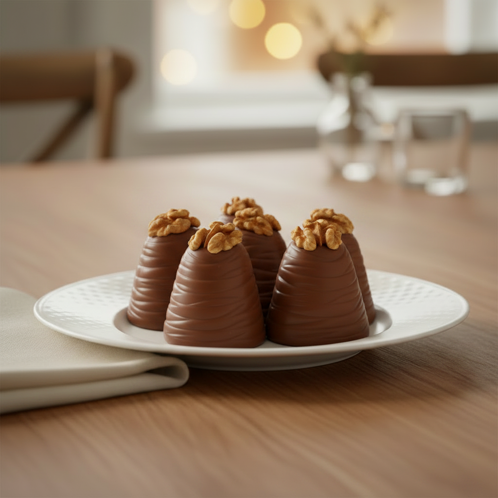 Four chocolate-covered pastry pieces topped with walnut pieces, served on a white plate on a wooden table.