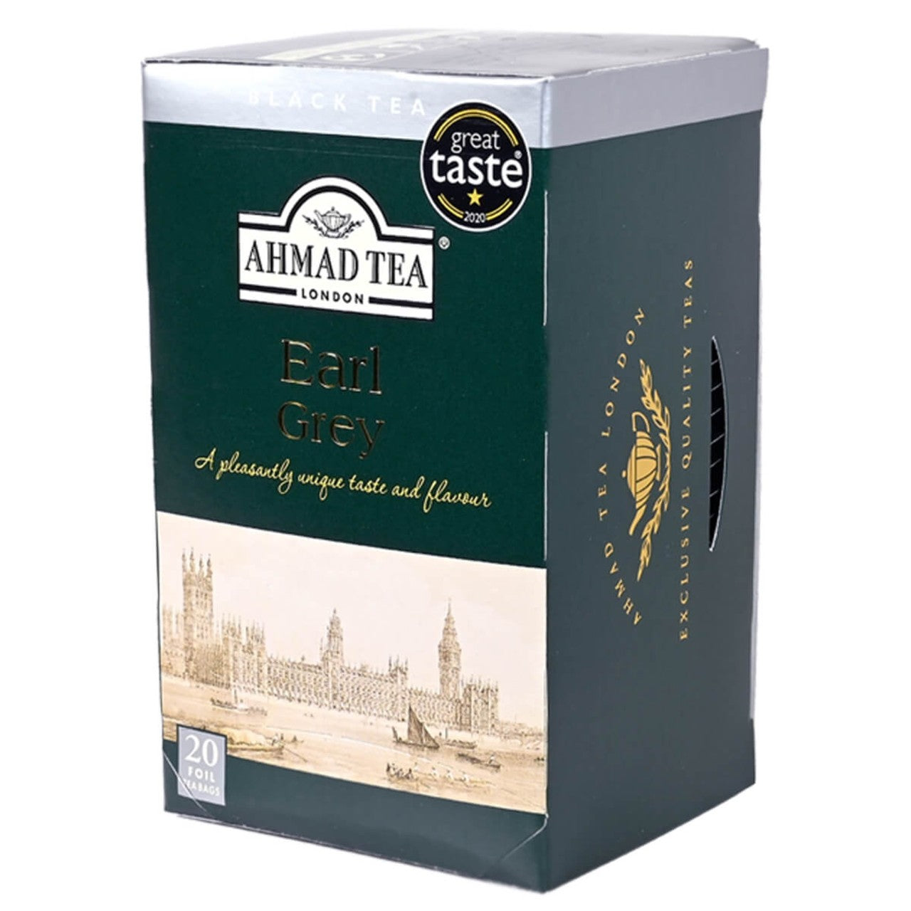 Box of Ahmad Tea London Earl Grey black tea on a white background