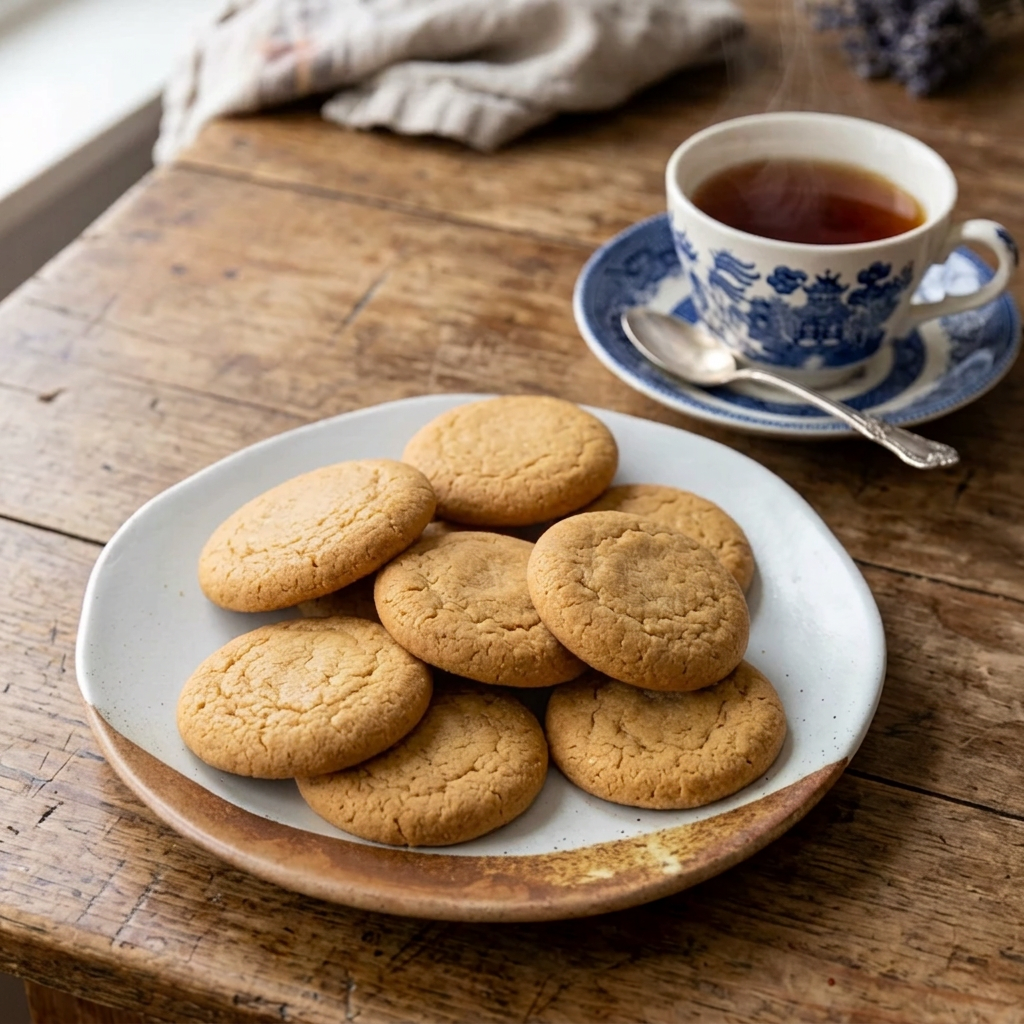 ginger shortbread on plate next to a cup of tea