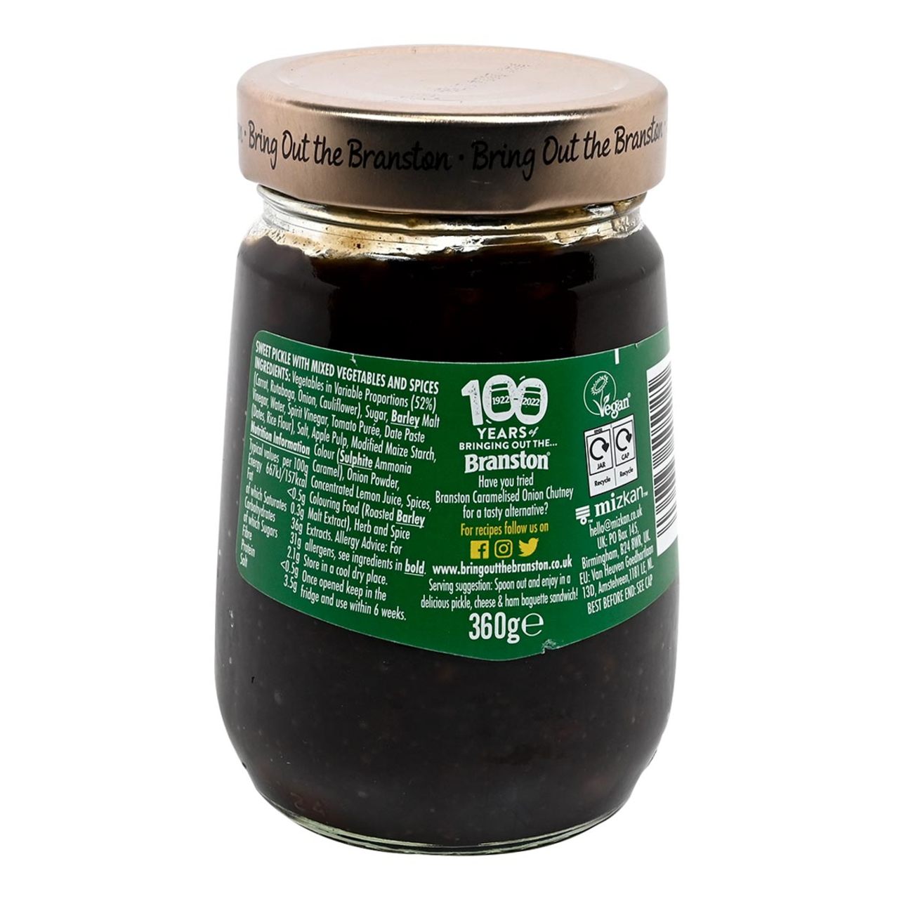 Jar of Branston pickle with green label on a white background