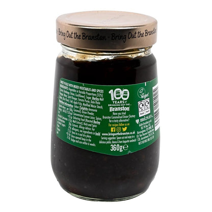 Jar of Branston pickle with green label on a white background
