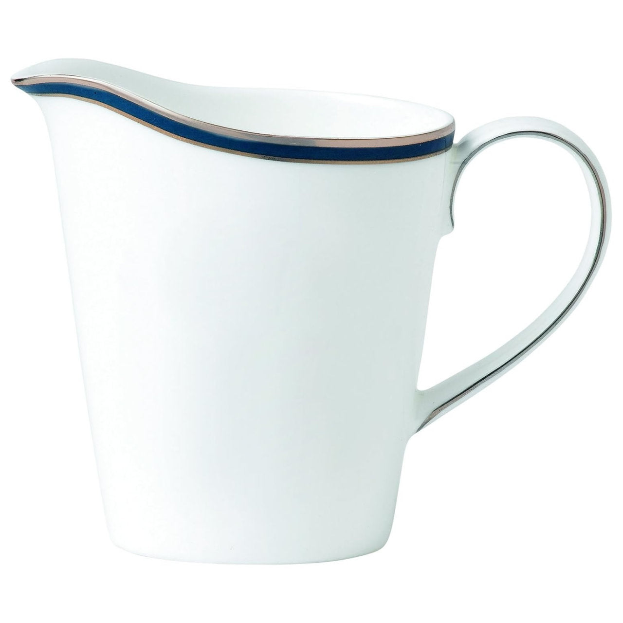 White creamer with blue rim and handle on a white background