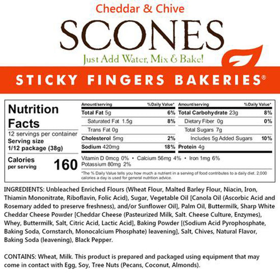 Sticky Fingers Bakeries Cheddar & Chive Scones packaging with nutrition facts and ingredients list.