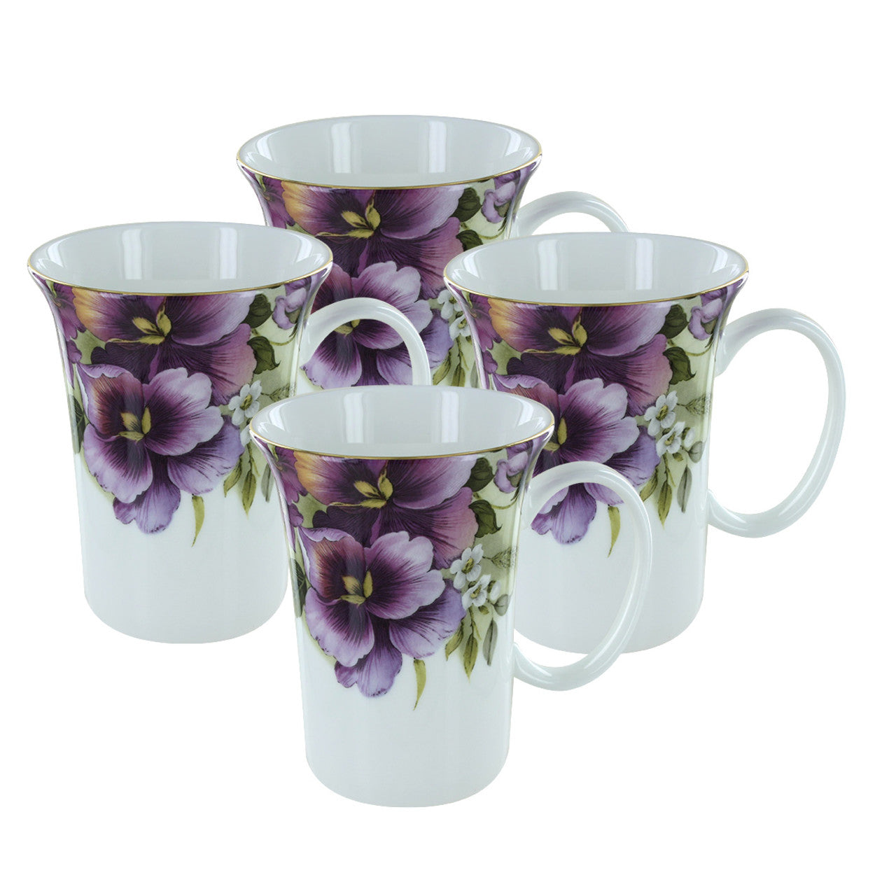 Purple Pansy Bone China Trumpet Mug - 11oz - Set of 4
