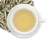 Image icon of dry loose-leaf tea in the upper corner underneath a white teacup and saucer filled with white colored hot tea