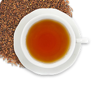 Image icon of dry loose-leaf tea in the upper corner underneath a white teacup and saucer filled with amber colored hot tea