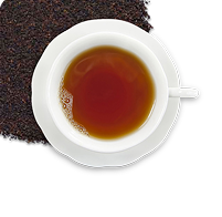 Image icon of dry loose-leaf tea in the upper corner underneath a white teacup and saucer filled with amber colored hot tea