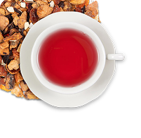 Image icon of dry loose-leaf herbal tea in the upper corner underneath a white teacup and saucer filled with red colored hot tea