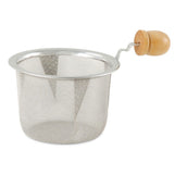 Metal mesh strainer with wooden handle on a white background
