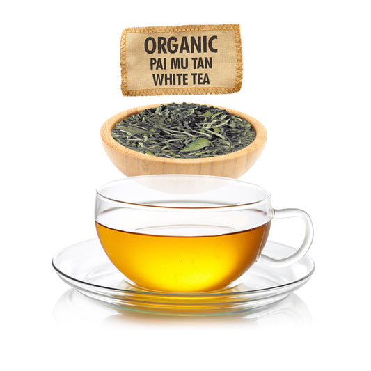 Clear glass cup of tea with a wooden bowl of organic Pai Mu Tan White Tea leaves and a tea bag labeled 'Organic Pai Mu Tan White Tea' on a white background.