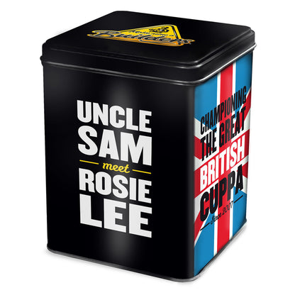 Tin container of Make mind a Builders tea with text and British flag design on a white background