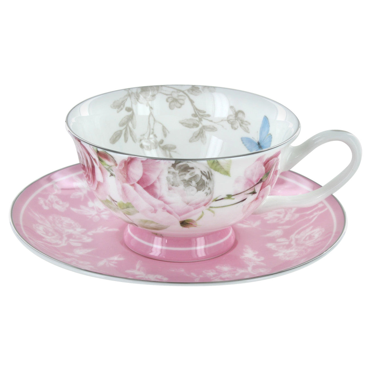Rose bone teacup and saucer with floral design on a white background