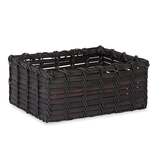 Black woven rectangular basket on a white background