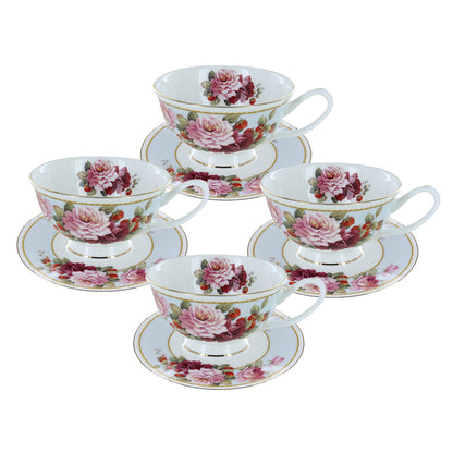 Peony and Strawberry Blue Bone China - Tea Cup and Saucer Set of 4 - Image 1