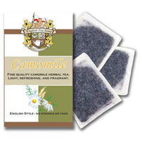 A pouch of English Tea Store Camomile tea bags, made from camomile blossoms and packaged in a brown craft paper bag with a gold and white brand logo.