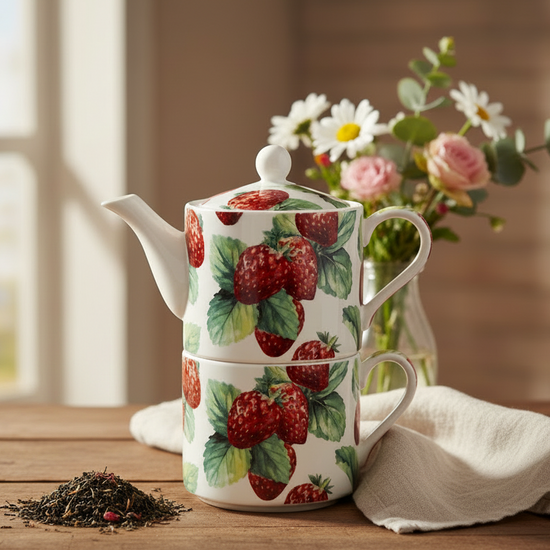 Decorative teapot and mug featuring strawberries.