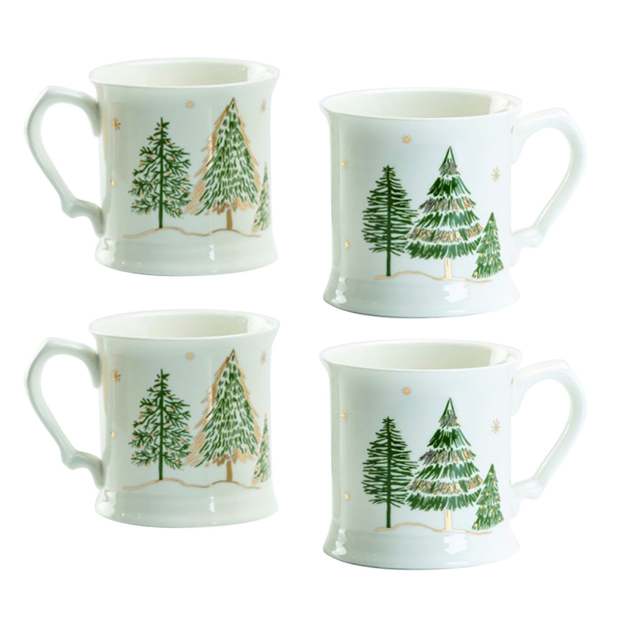 Green Pine Tree Porcelain Mugs  - Set of 4
