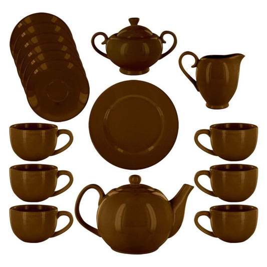 Brown ceramic tea set with teapot, cups, and plates on a white background