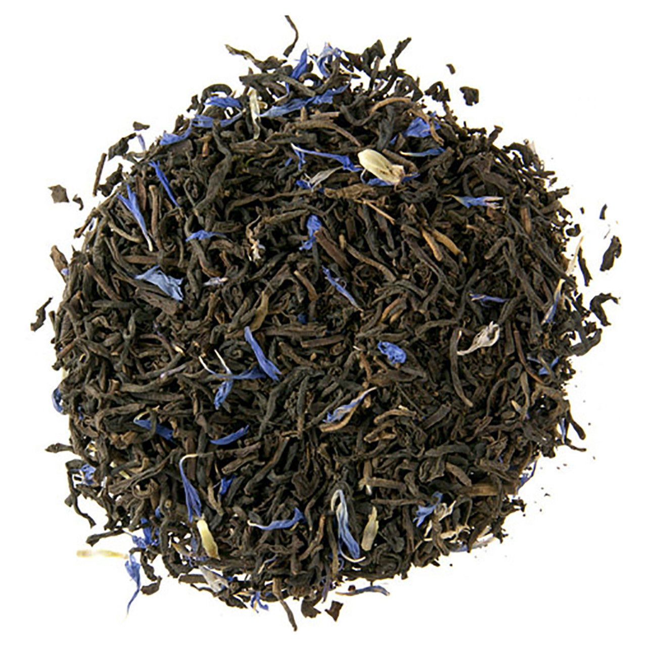 Tea leaves with blue flowers on a white background
