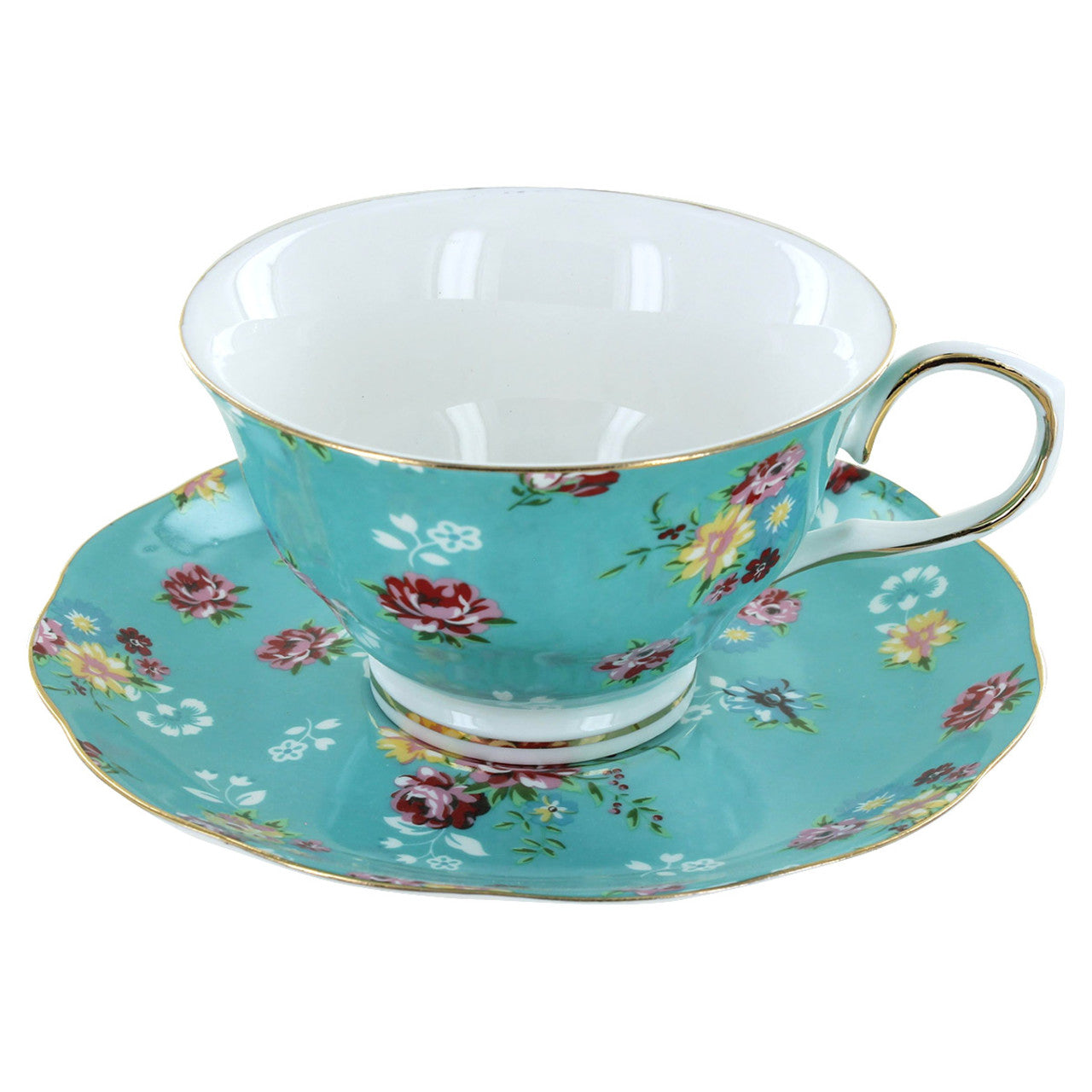 Shabby Rose Turquoise Porcelain - Tea Cup and Saucer Set